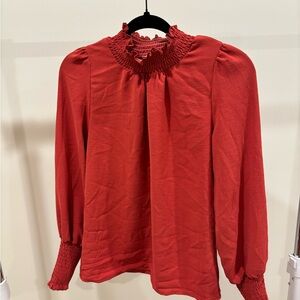 Red Smocked Long Sleeve Top